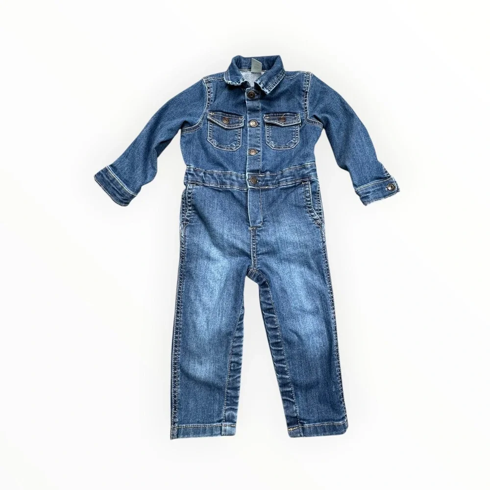 OshKosh Jumpsuit Unisex 24M Blue Denim B'gosh Script Logo Long‎ Sleeve Coverall